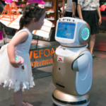 Girl talking to robot in store