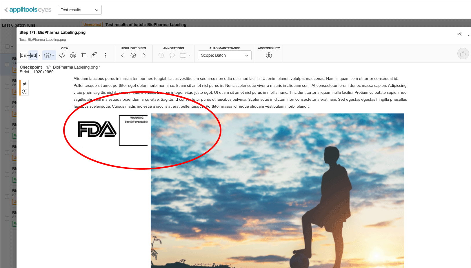 GIF comparing baseline to checkpoint in Applitools showing FDA statement being covered