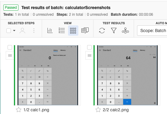 Baseline Images - Applitools The baseline images in Applitools, showing our two calculator screenshots from earlier (one showing 0, the other showing 64).