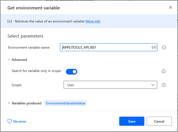 Power Automate Desktop - Get Environment Variable Using a Get Environment Variable action in Microsoft Power Automate Desktop to get our Applitools API Key.