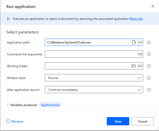 Power Automate Desktop - Run Application Using a Run Application action in Microsoft Power Automate Desktop to run the calculator application.