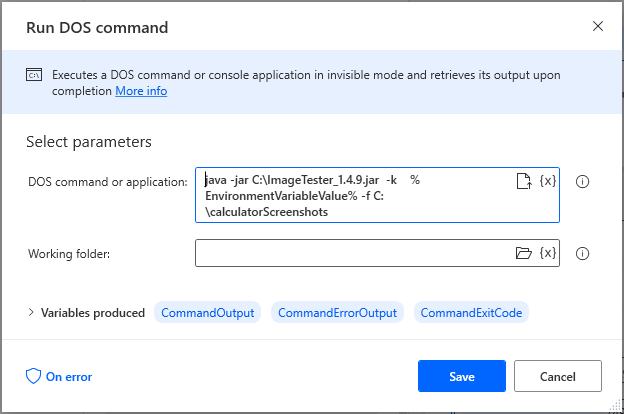 Power Automate Desktop - Run DOS Command Action Using a Run DOS Command action in Microsoft Power Automate Desktop to execute the ImageTester CLI.