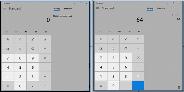 Results - Side by Side Screenshot Two screenshots side by side, one showing a calculator displaying "0" and the other displaying "64".