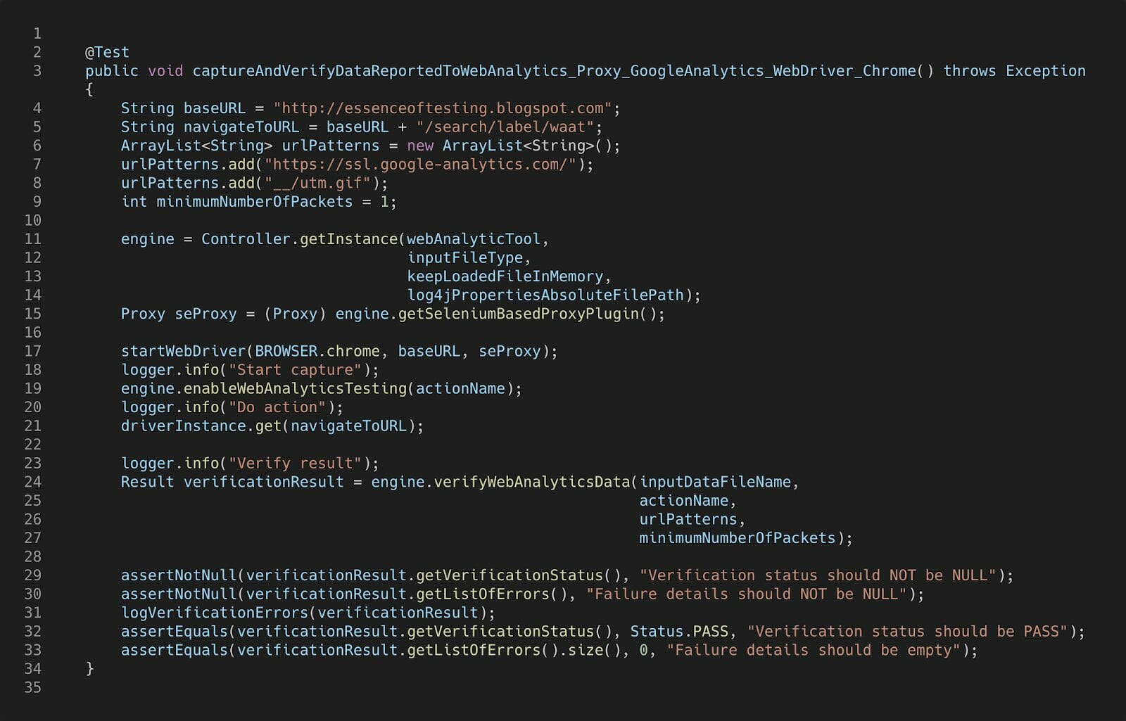 A test shown using WAAT - Web Analytics Automation Testing.
