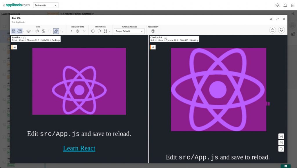 Applitools dashboard showing visual difference between AppHeader component