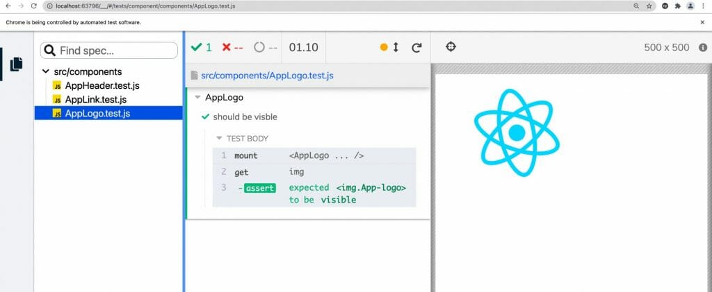 Cypress Component Test Runner UI with list of component tests