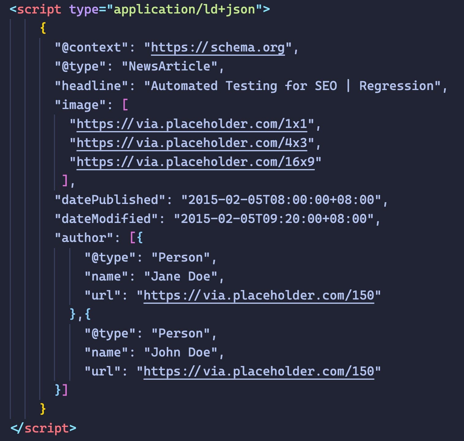 Script tag with news article JSON LD structured data