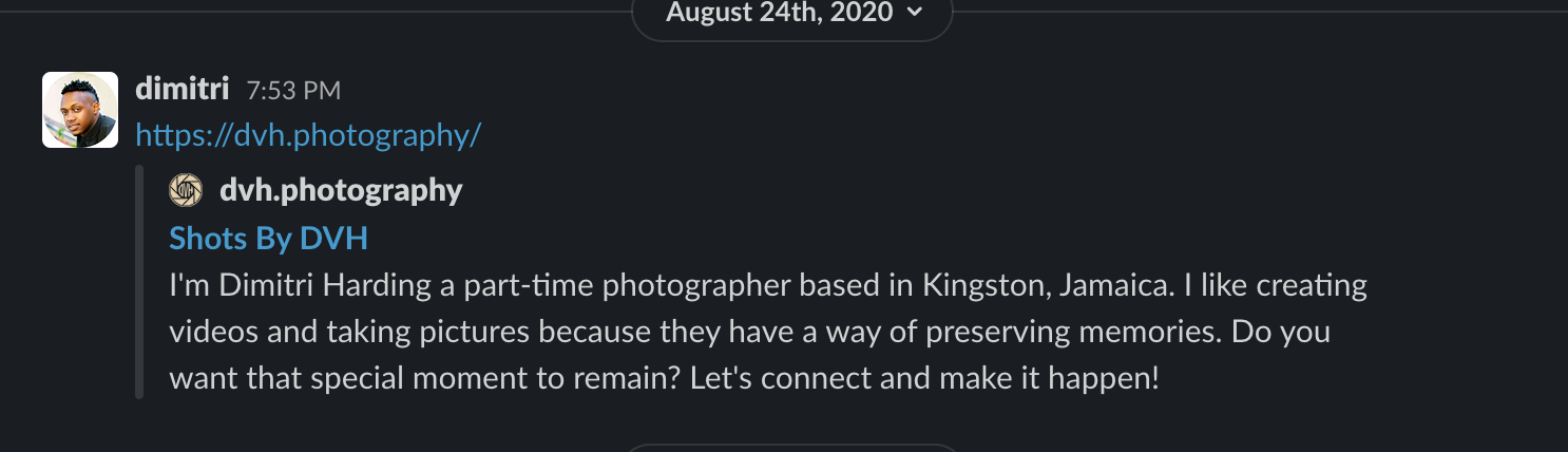 Slack message with webpage description displayed