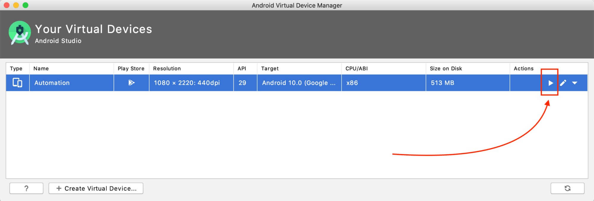 Android Virtual Device Manager screen with and emulator named Automation