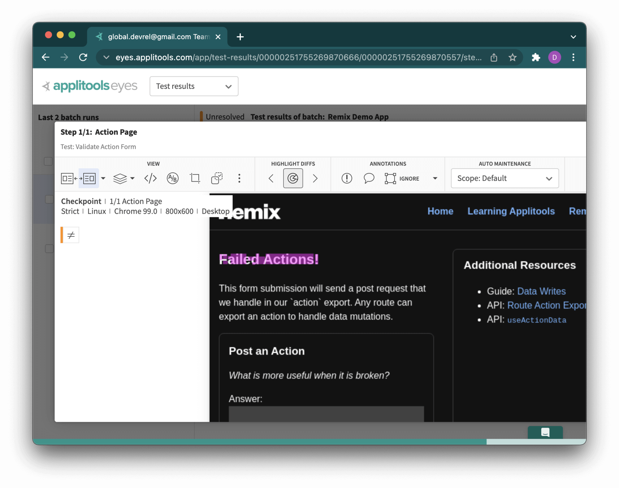 A closer look at the Applitools visual test results, highlighting the areas where the text changed in magenta.