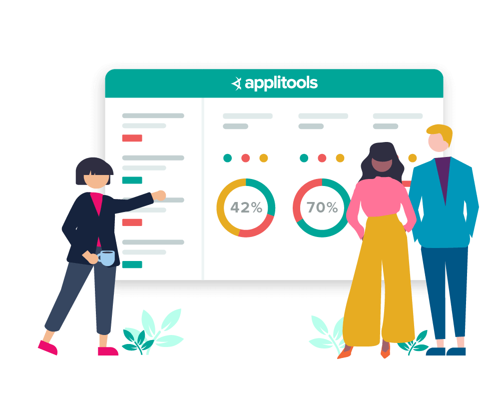 Stylized screenshot with stylized people looking at test result pie charts