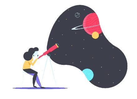 An abstract drawing of a person gazing into space through a telescope