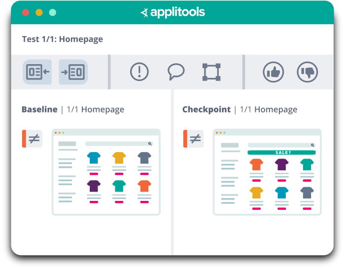 Simplified UI of intelligent comparison of.an eCommerce site in Applitools Eyes