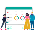 Illustration of three people discussing a test dashboard