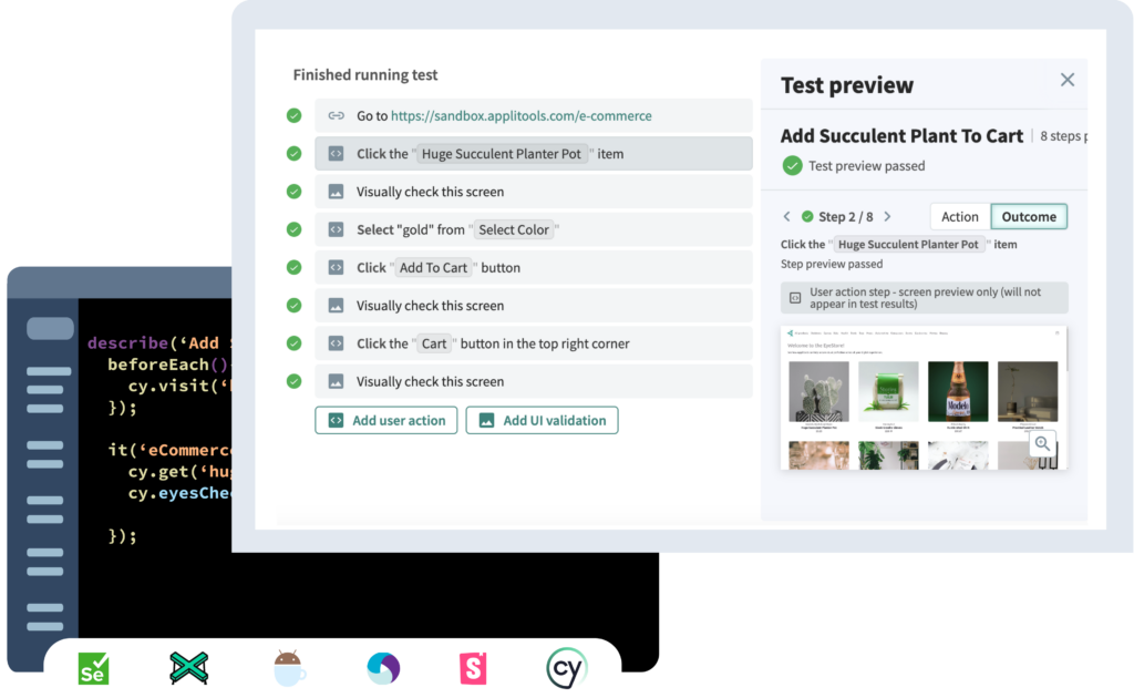 Applitools interfaces comparing the code required to create a test in Eyes to plain English test creation capability in Autonomous