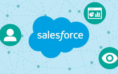 Graphic showing Salesforce logo and user, dashboard, and eye icons