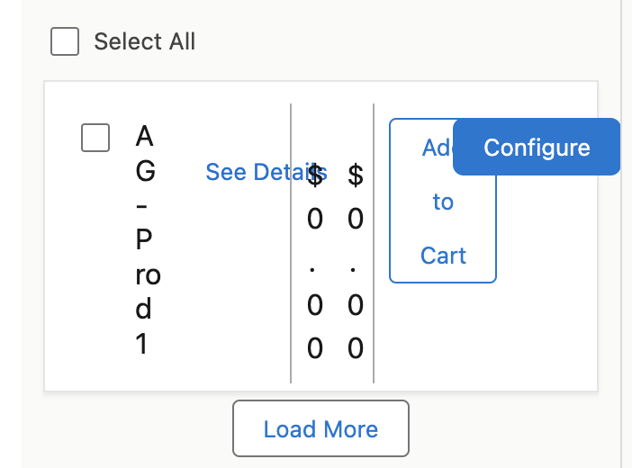 Screenshot of Salesforce visual bug showing 'Add to cart' and 'Configure' buttons overlapping