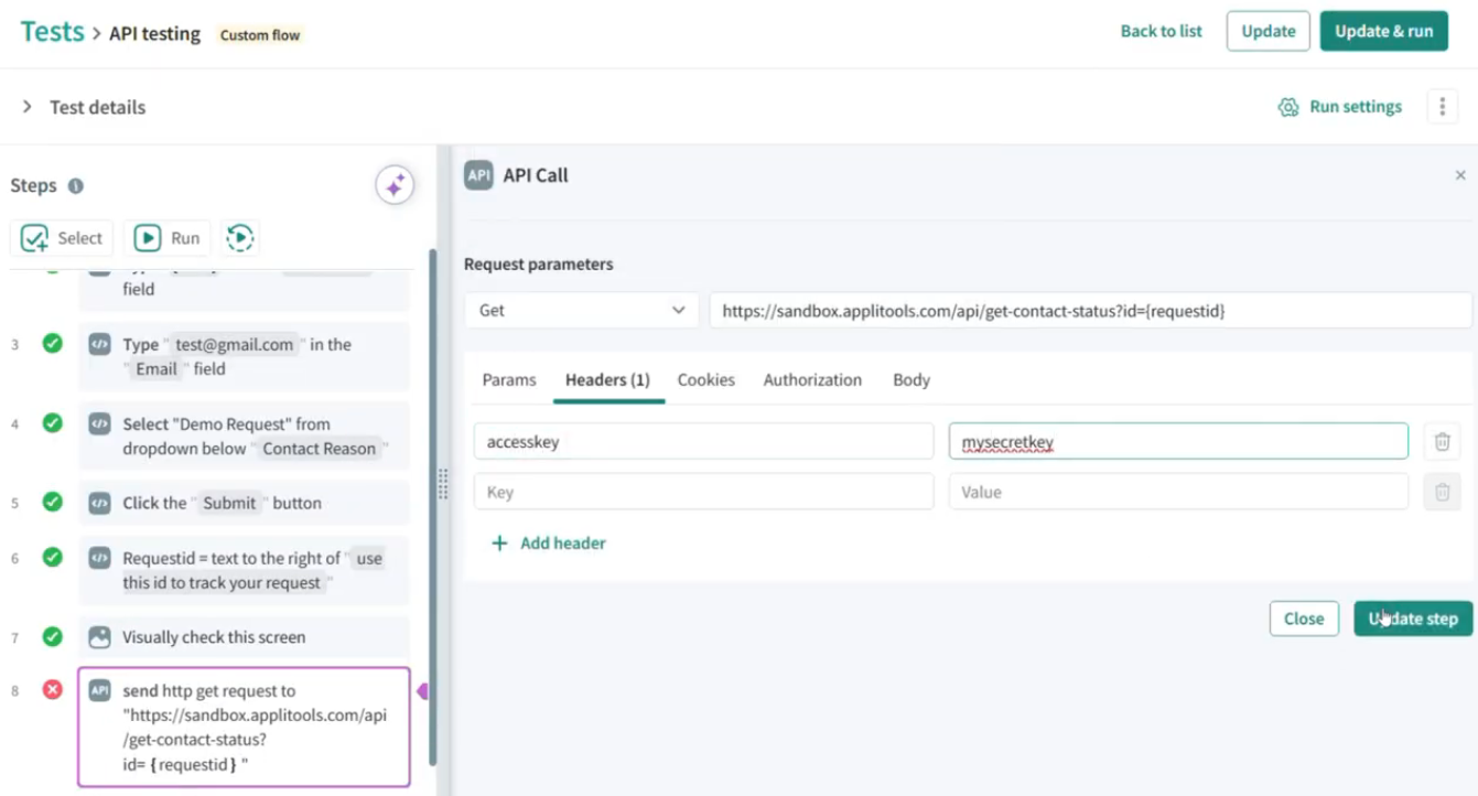 Applitools Autonomous user builds API test steps through the UI