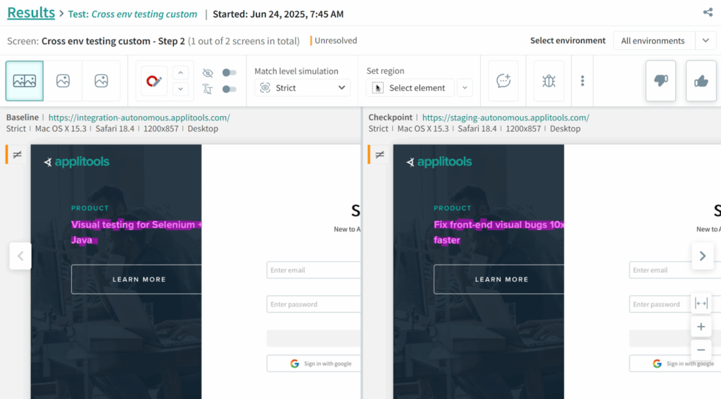 Screenshot of Autonomous results comparing a QA environment to a staging environment