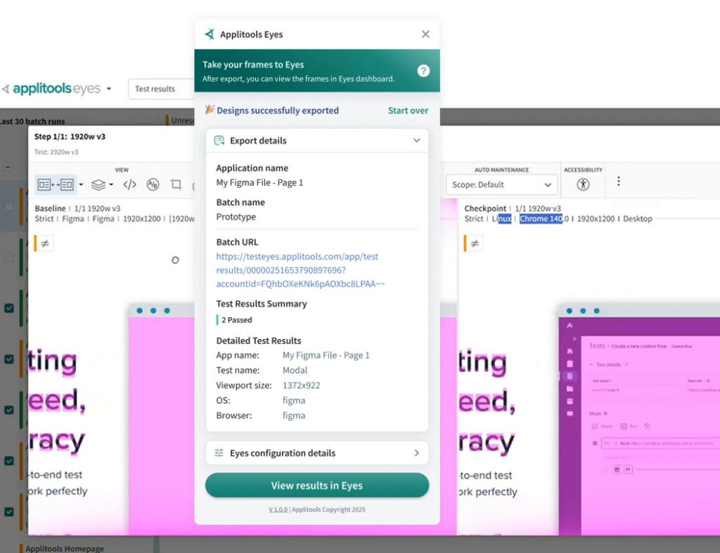 Figma plugin overlayed on screenshot of Applitools Eyes comparing a Figma frame and visual test in Chrom