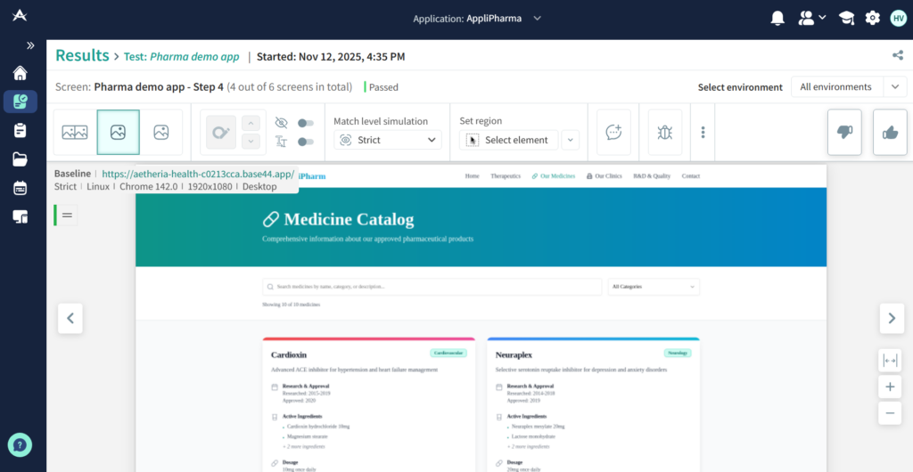 Screenshot of a healthcare website being viewed in Applitools