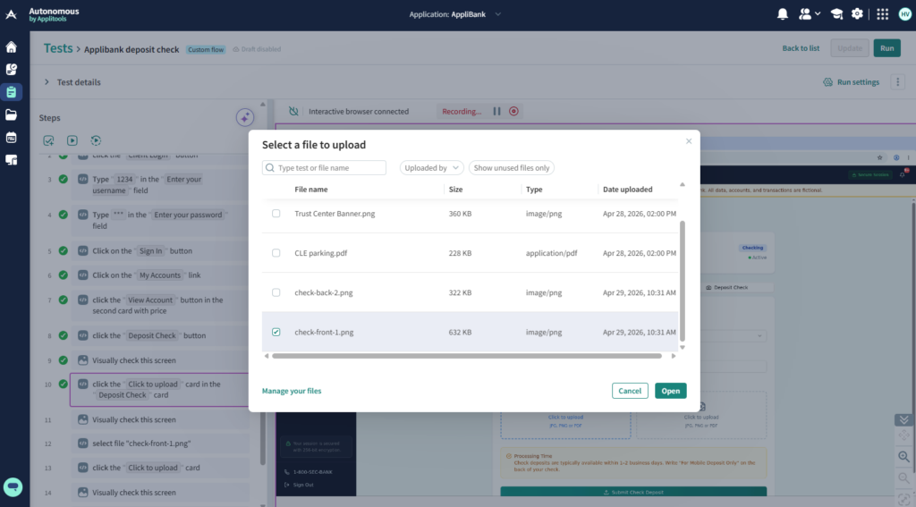 Screenshot of the file picker in Applitools Autonomous