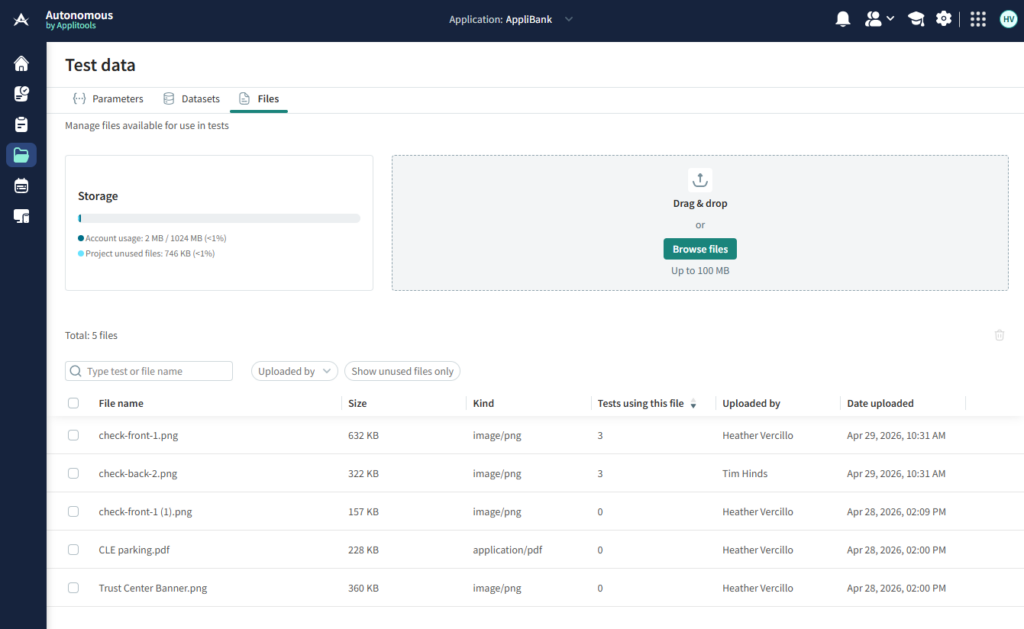Screenshot of the test data page in Applitools Autonomous