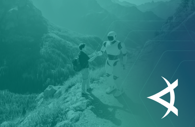 A human and robot meet on a mountainside