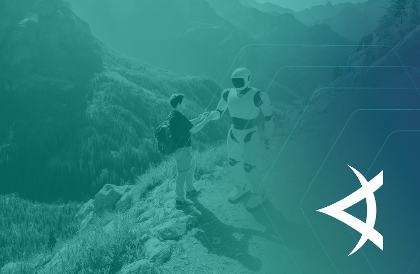 A human and robot meet on a mountainside