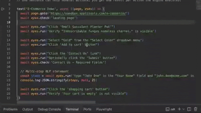 Plain-English test steps (eyes.run) combined with Visual AI checkpoints in a single Playwright script.