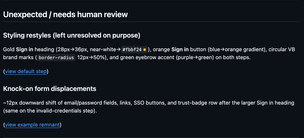 Automated AI visual test review needing human input on GitHub pull request