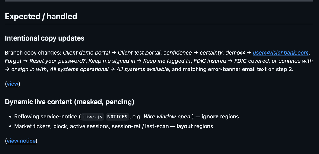 Automated AI visual test review report for dynamic content comment on GitHub pull request